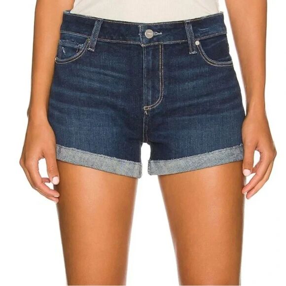 PAIGE Women Short Jimmy Jimmy Dark Wash Cuffed Denim Mid Rise Size 28 - Picture 2 of 10